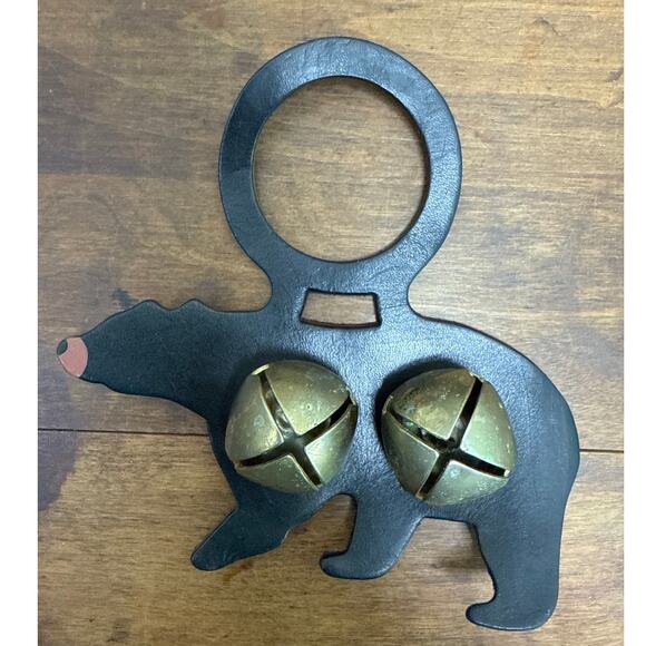 Leather Black Bear With Jingling Bell's Door Bell Hanger Chime Made In USA - Picture 1 of 5